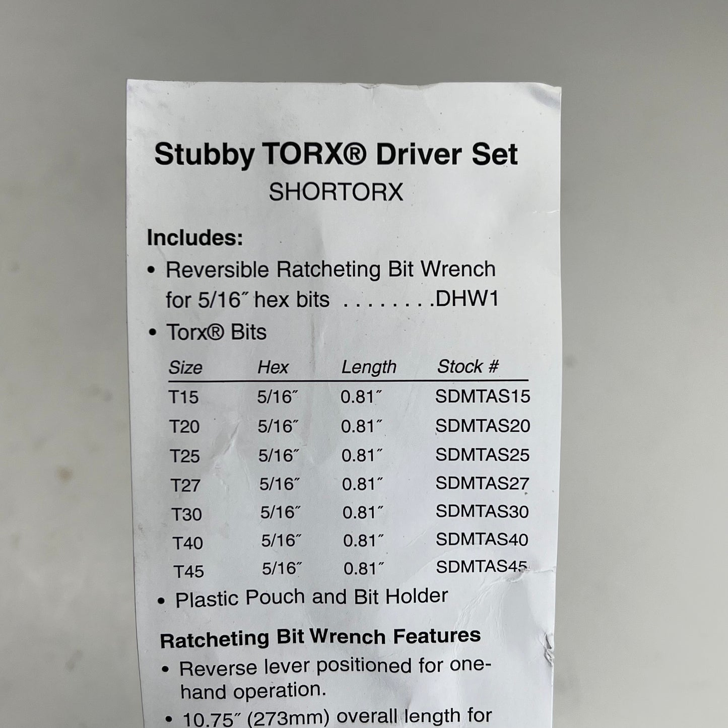 BLUE POINT Snap On Stubby Torx Driver Set & Reversible Ratchet Bit Wrench DHW1