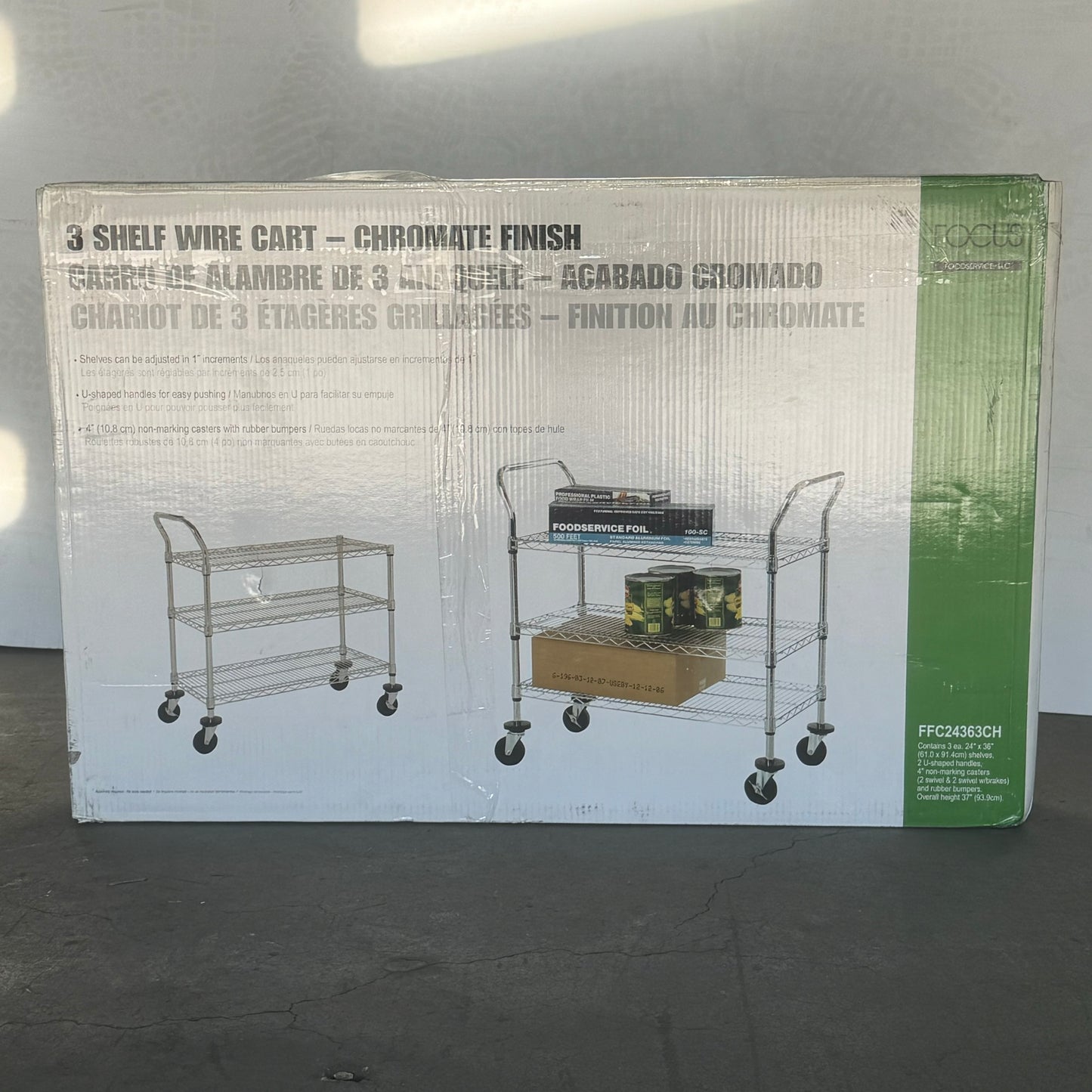 FOCUS Foodservice 3 Shelf Wire Cart Chromate Finish 24" x 36" FFC24363CH