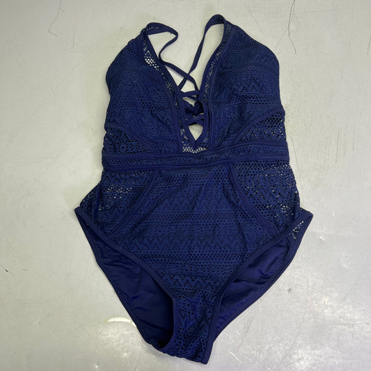 CHARMO Solid Cross Plunge Crochet One Piece Swimsuit Women's Sz M Dark Navy