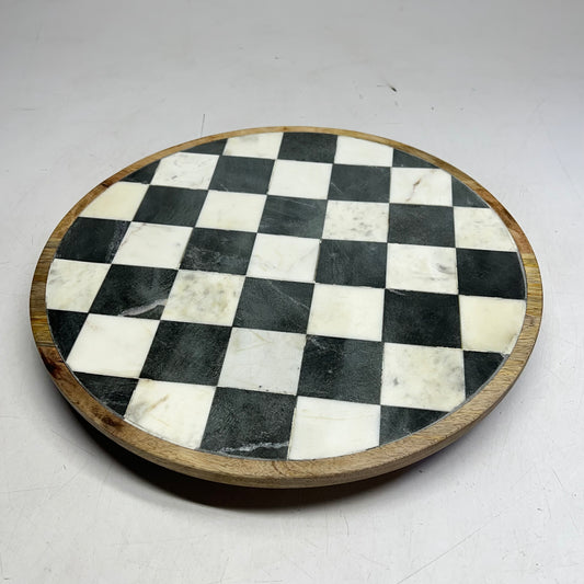 CREATIVE CO OP Mango Wood & Marble Check Lazy Susan 16"  White, Black & Natural