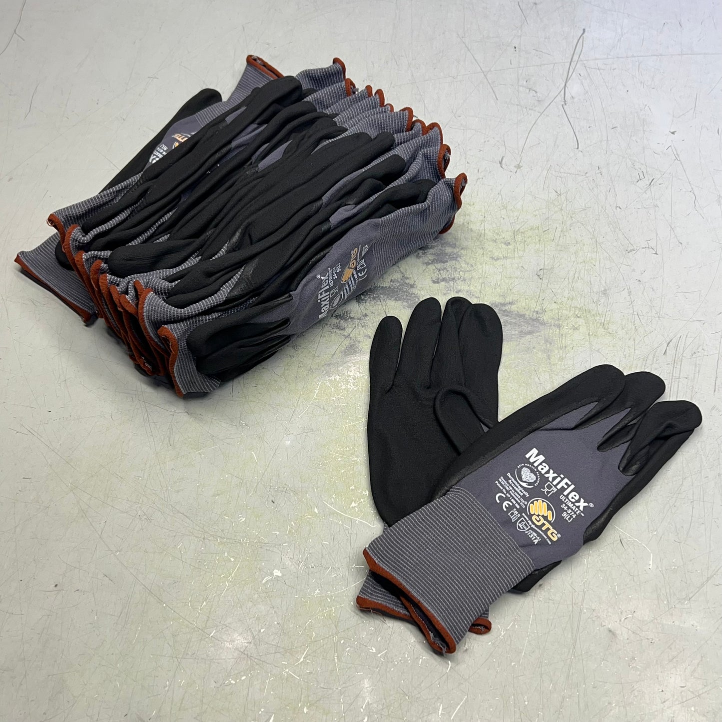 ATG (12 PAIRS) MaxiFlex Ultimate Palm Coat Knitwrist Gloves Sz L Black 34-874
