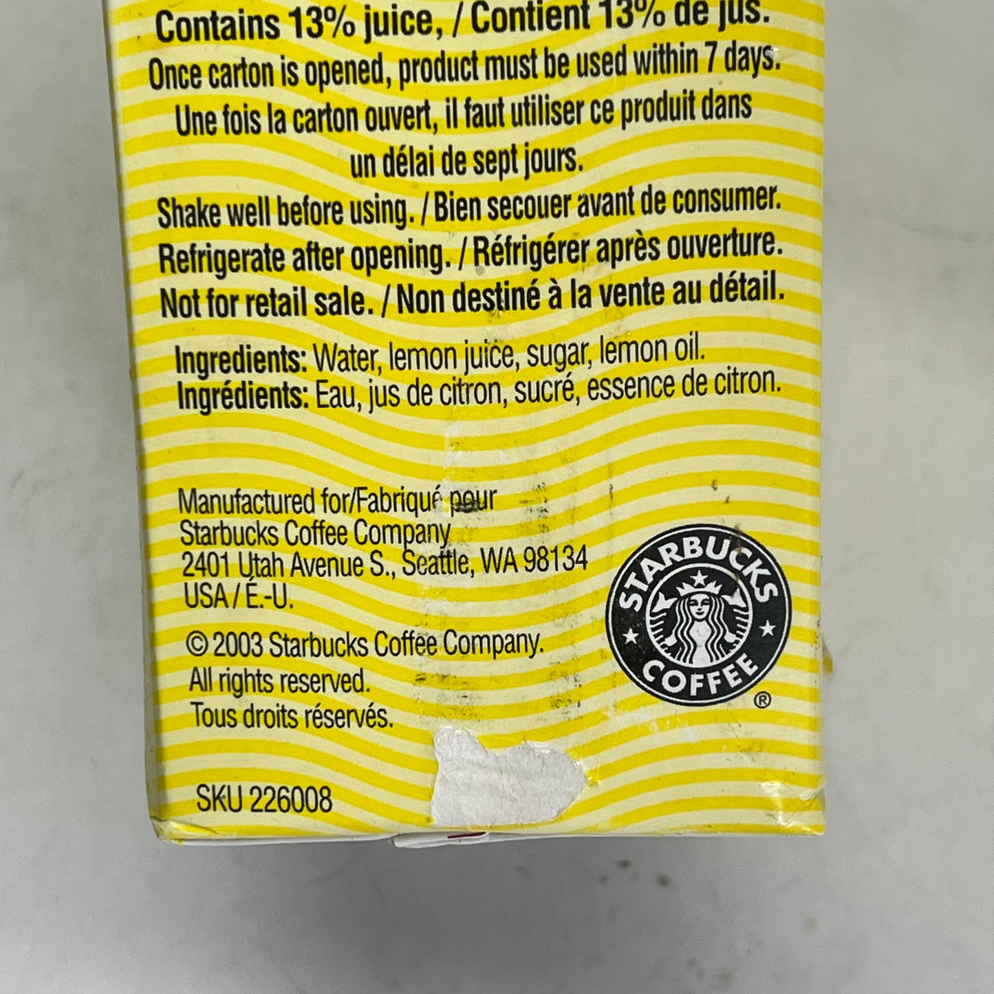 ZA@ STARBUCKS (3 PACK) Premium Lemonade Beverage 48 fl oz per Carton BB 05/26 (As-Is)
