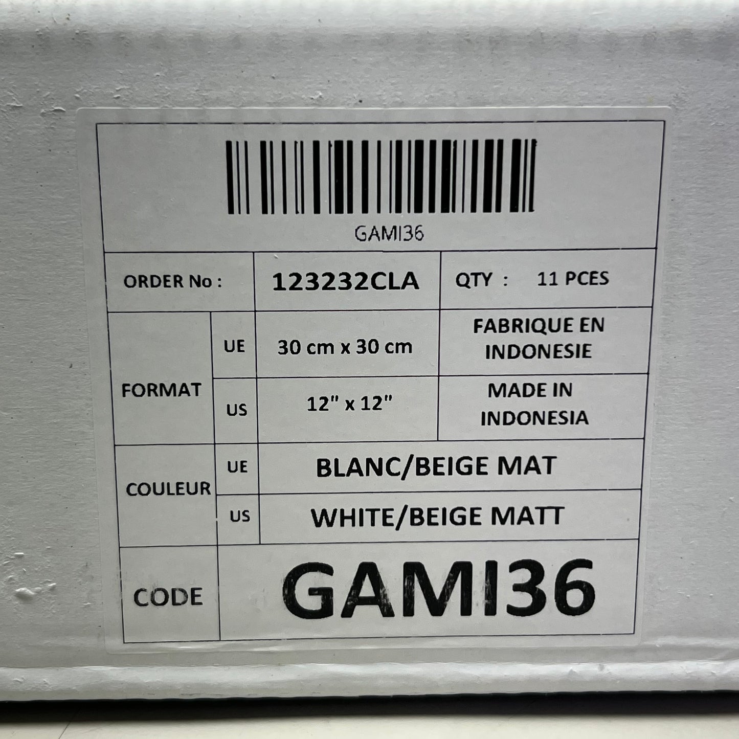 Natural Stone Tile (11 Pcs) 12" x 12" White/Beige Matt GAMI36