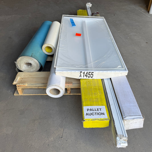 ZA@ Pallet of MIXED Rolls of Thick Blue Vinyl, Clear Vinyl, Pocket Door Frame, Lighting, & MORE! (AS-IS)
