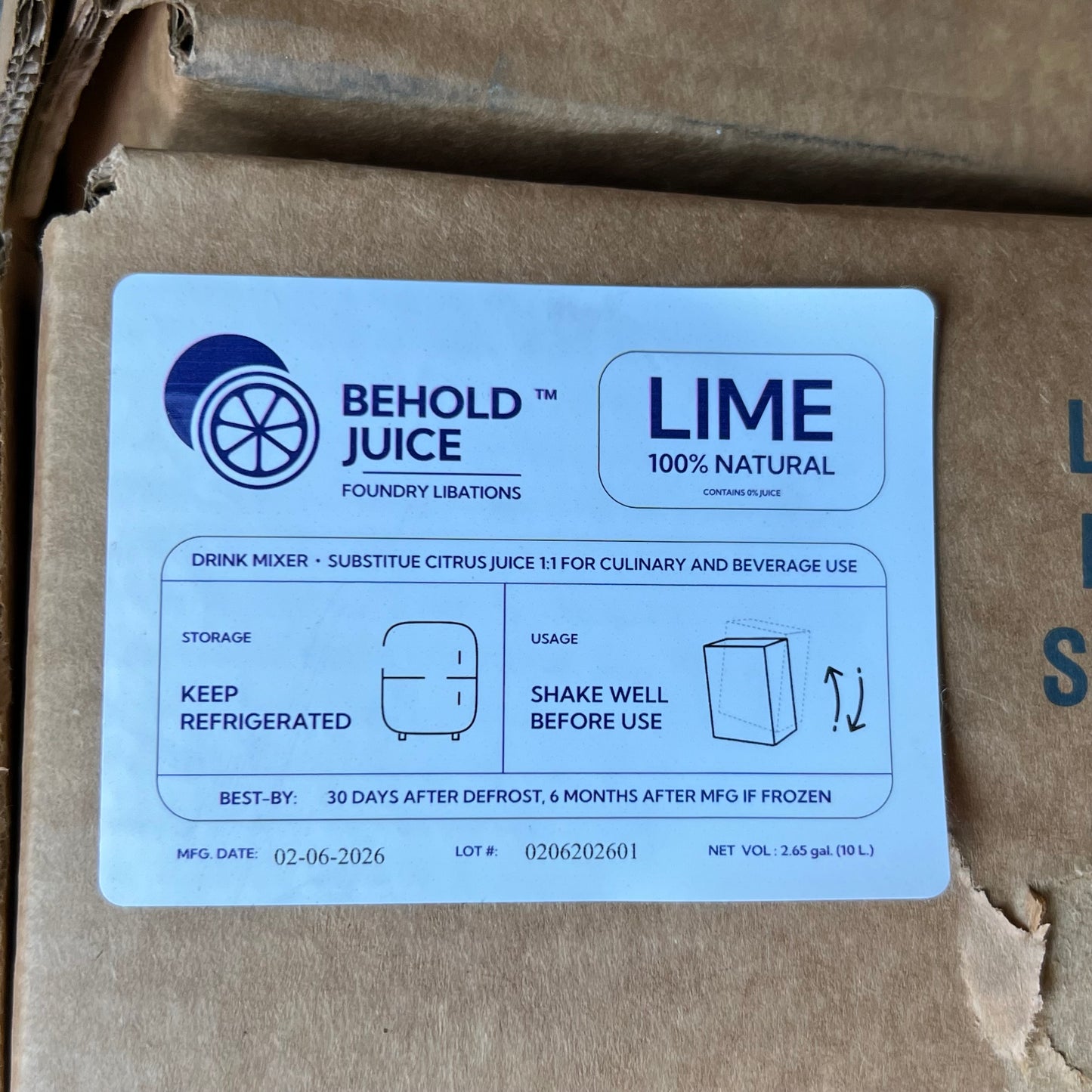 ZA@ BEHOLD JUICE Lemon Juice 2.65 Gal. Green BB 08/26