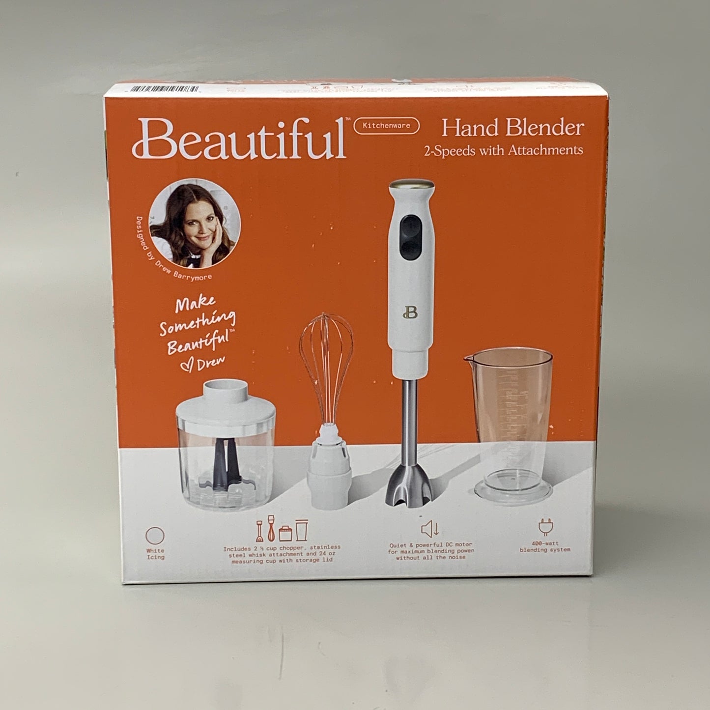 BEAUTIFUL 4-PEICE Hand Blender 2 Speeds with Attachments White by Drew Barrymore