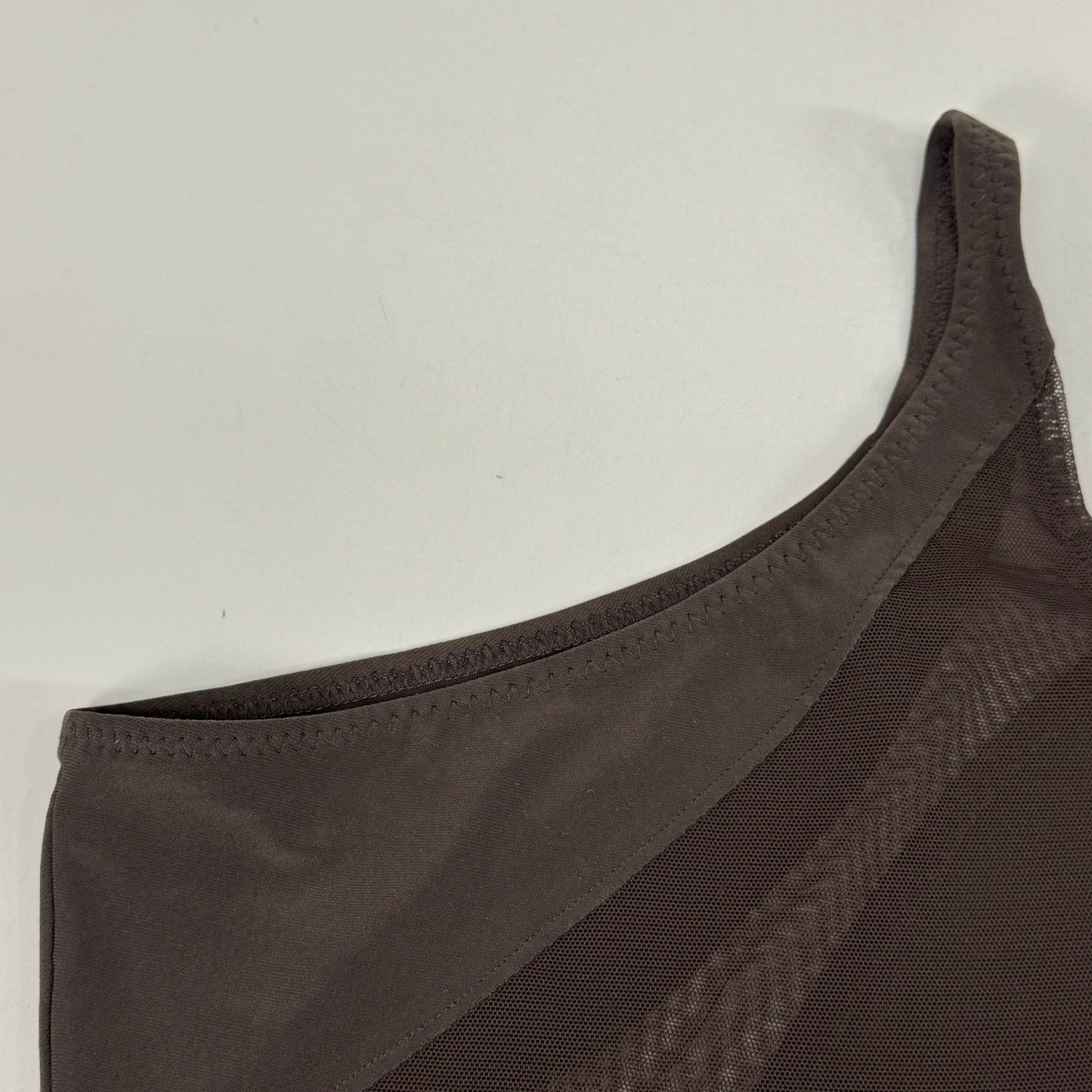 NORMA KAMALI One Shoulder Snake Mesh Catsuit Footsie Women's Sz XXS/32 Chocolate