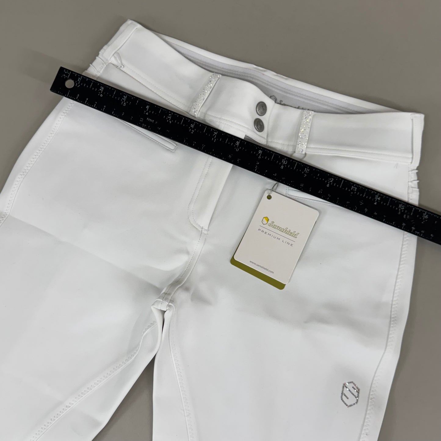 SAMSHIELD Clara Premium Knee Grip Equestrian Pants Women's Sz US 26 White Blazon