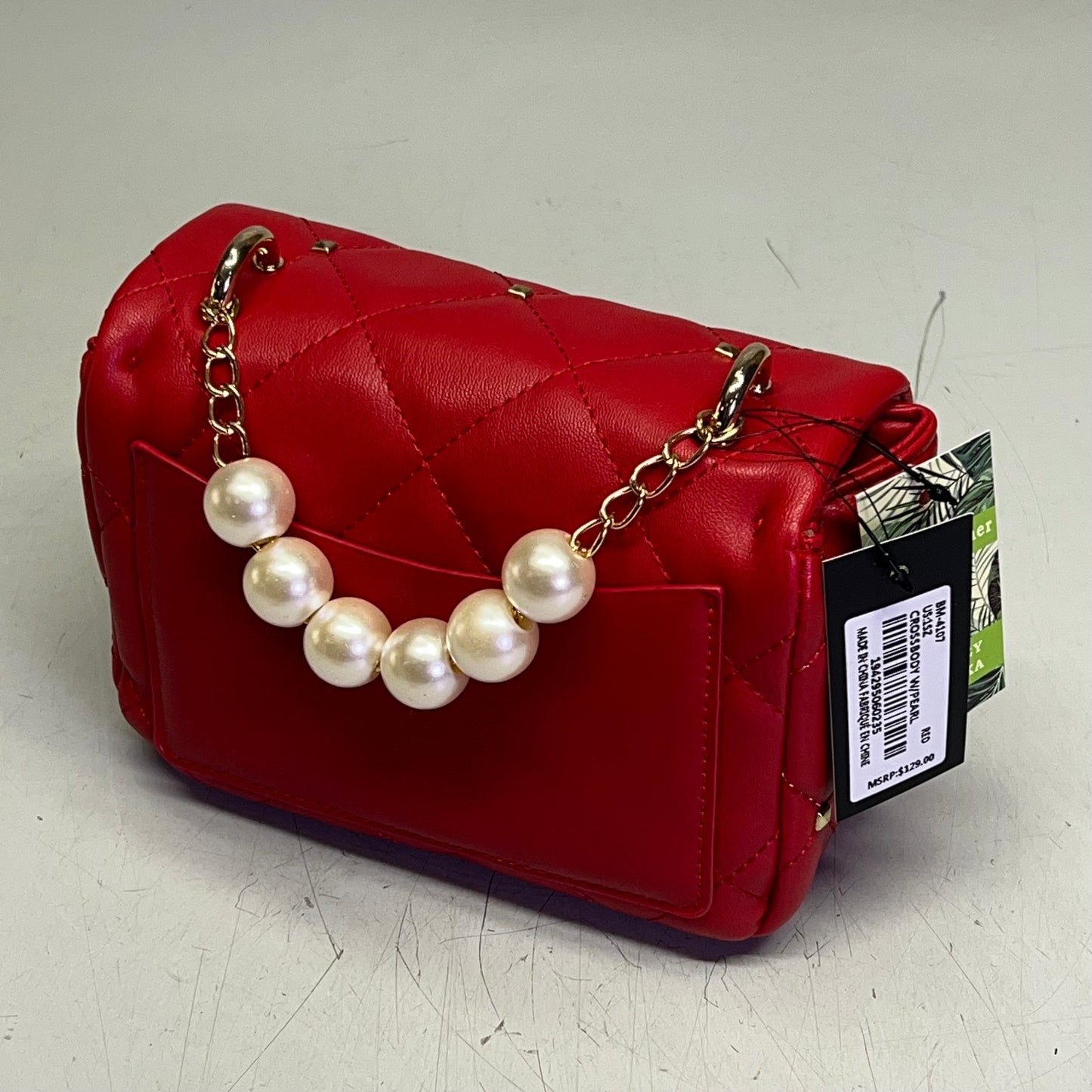 BADGLEY MISCHKA Quilted Vegan Leather Pearl Cross Body Bag 8"x5" Red BM-4107