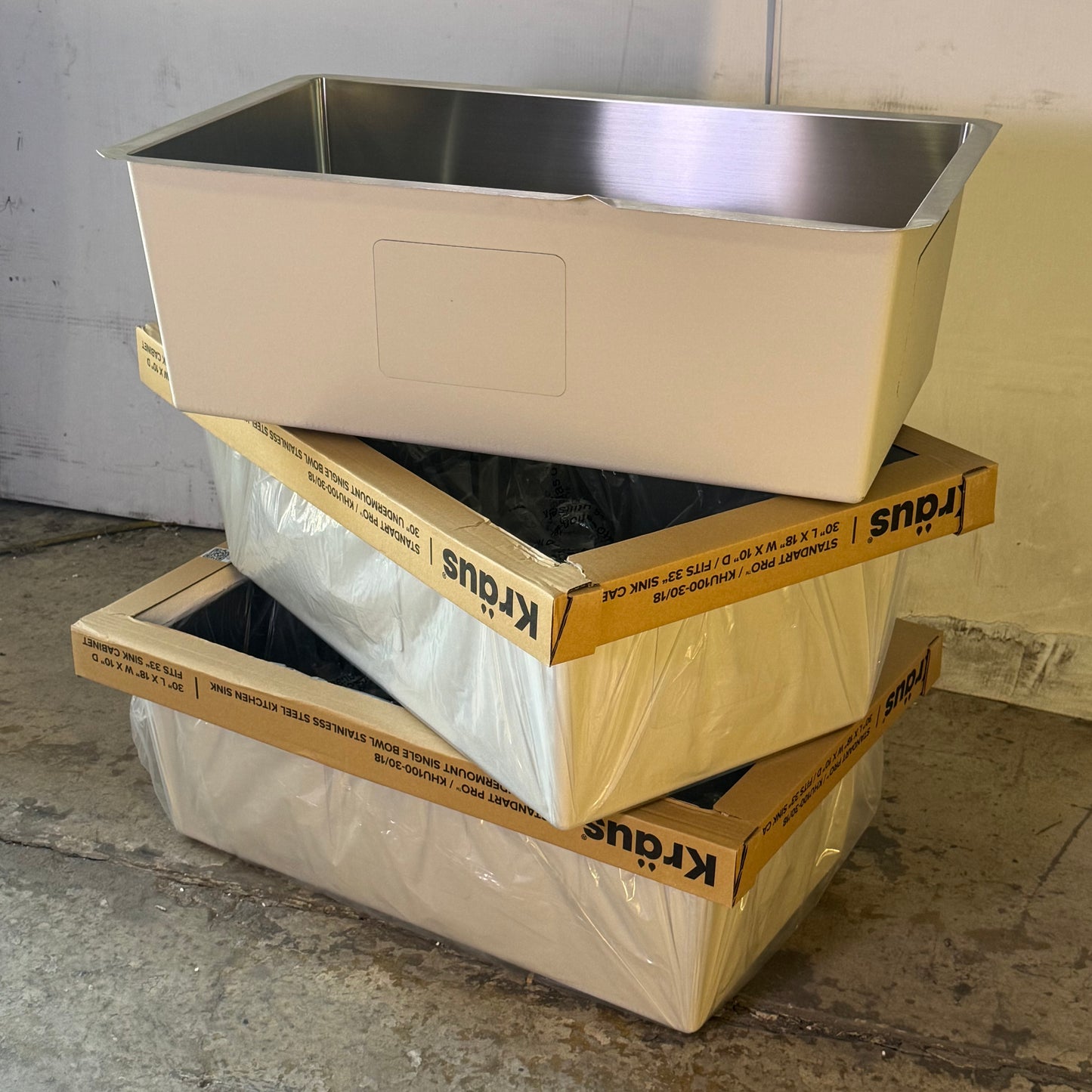 KRAUS (3 PACK) 30" Undermount Single Bowl 18 Gauge KHU100-30/18 (AS-IS, The Edge is Slightly Bent)