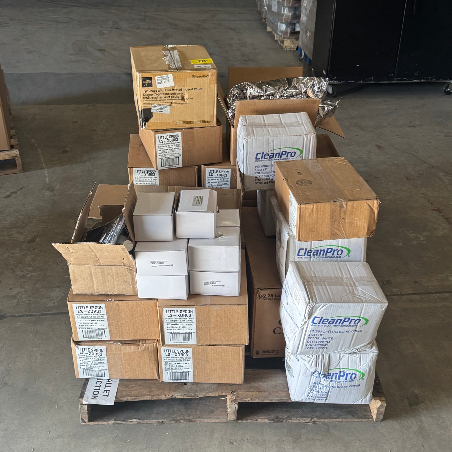 ZA@ Pallet of MIXED Polypropylene Beard Cover, Ribbon Cartridge, Eye Drape, Baby Cereal, Etc… (AS-IS)