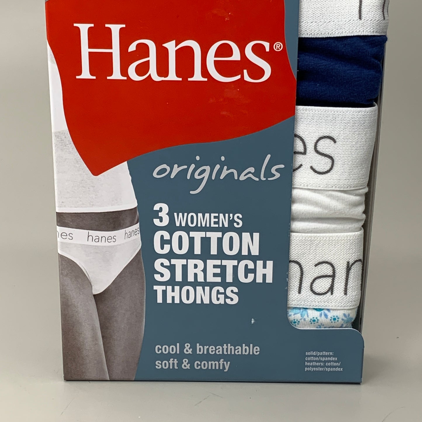 HANES 3 PACK!! Originals Women's Breathable Cotton Stretch Thongs Underwear Sz 5/S Navy/White/Floral 45U0BT