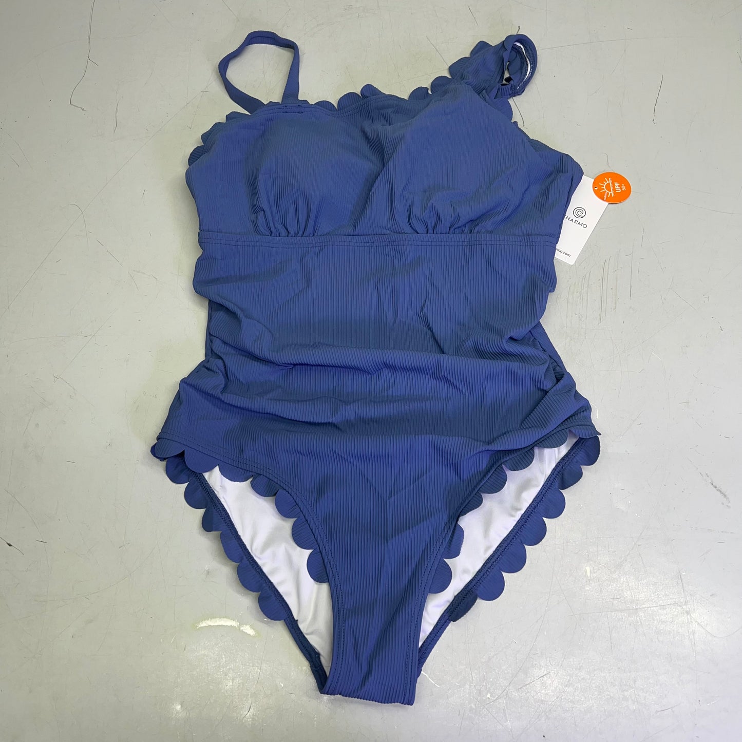 CHARMO Asymmetrical Retro Ribbed Moderate Cut One Piece Swimwear Wmn Sz L Blue