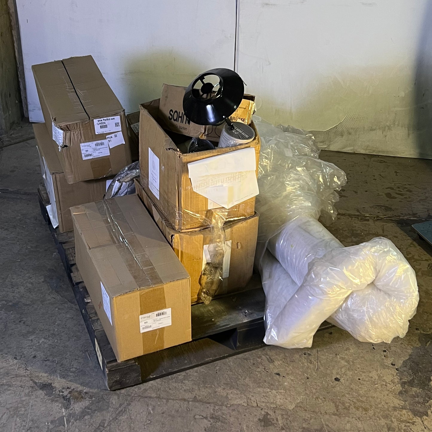 ZA@ Pallet of MIXED Spring, Plastic Bag Roll, Wine Glass, Etc... (AS-IS)