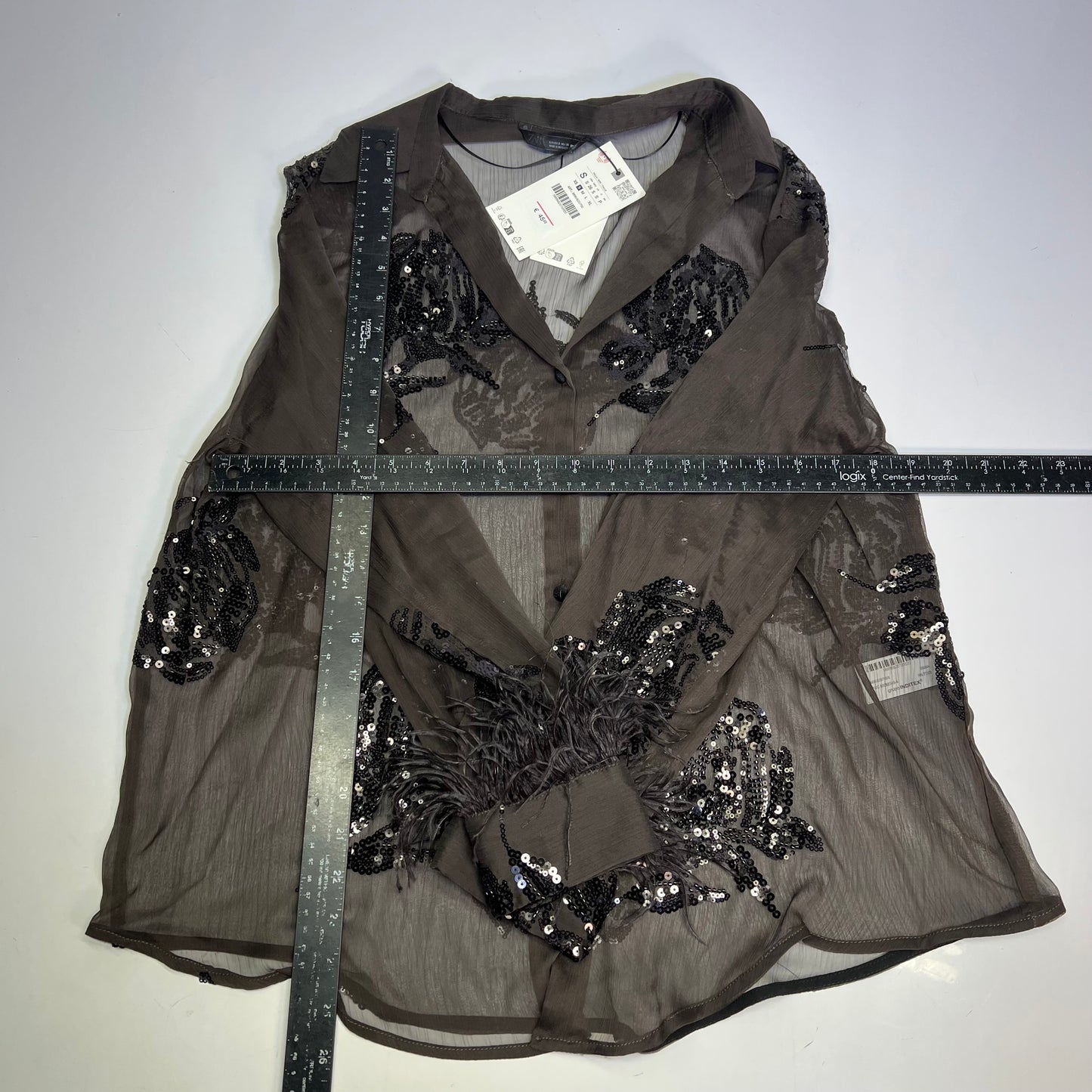 ZARA Button Up Semi-Sheer Sequin Feather Blouse Women's Sz S Black/Brown