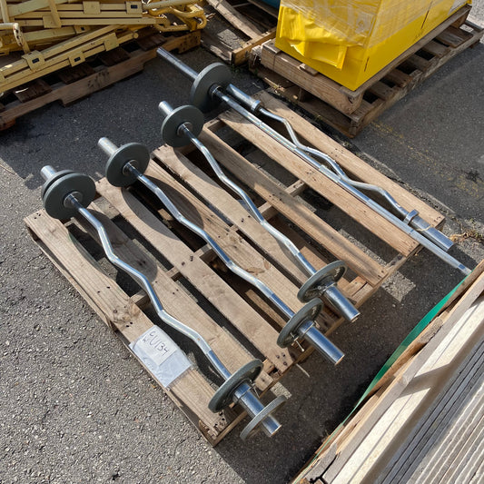 ZA@ Pallet of APOLLO ATHLETICS EZ-Curl Barbells & Olympic Barbells w/ 5 & 10 lb weights, 4 & 7 ft (AS-IS)