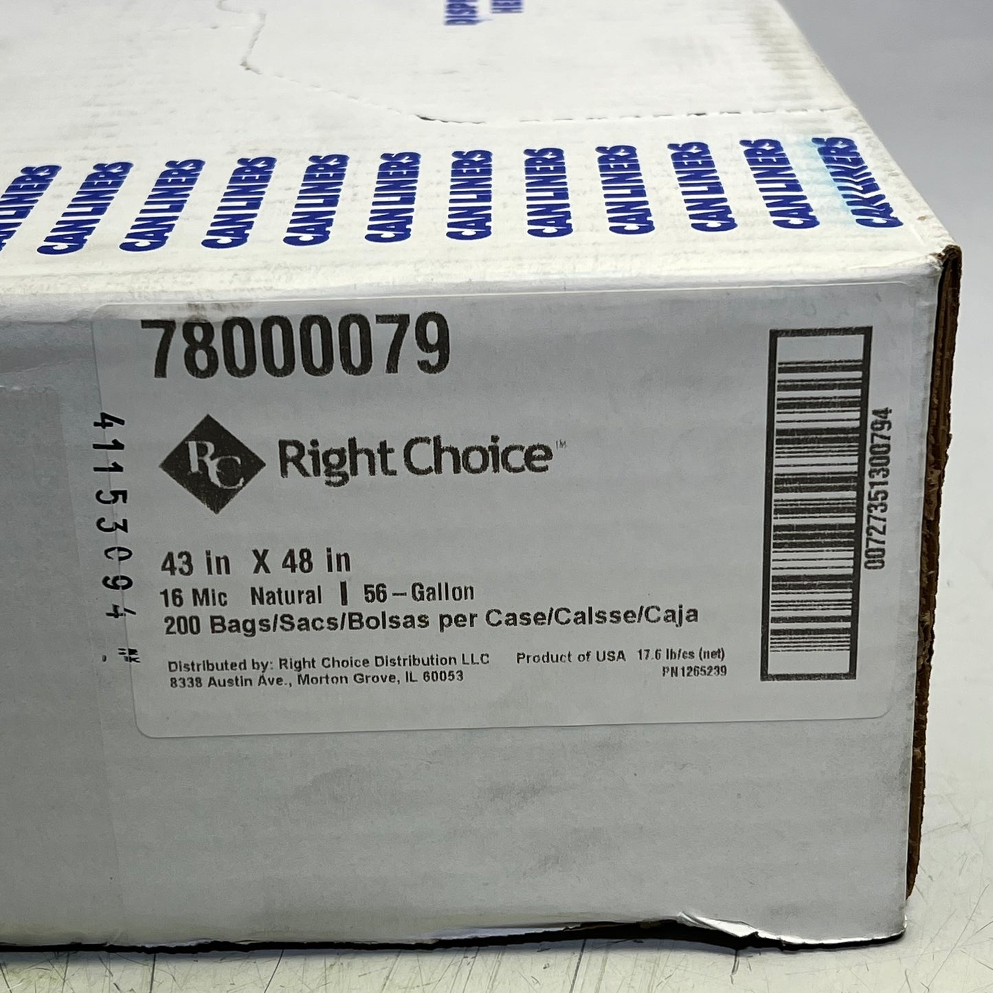 RIGHT CHOICE (200 PACK) Flat Can Liner 56 Gal 43" X 48" Natural/Clear 78000079