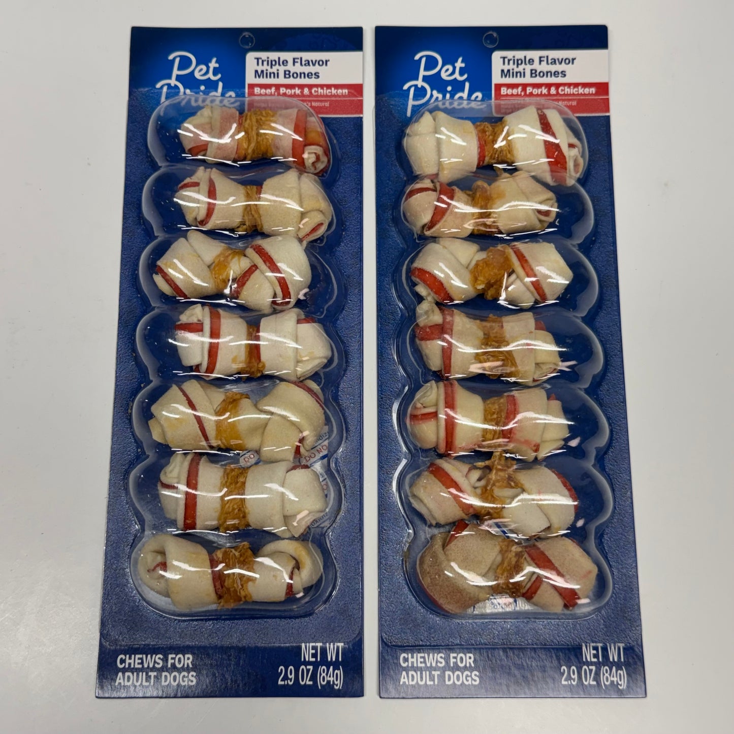 PET PRIDE (2 PACK) Triple Flavor Mini Bones Beef, Pork & Chicken Chews for Adult Dogs 2.9 oz. BB 08/27