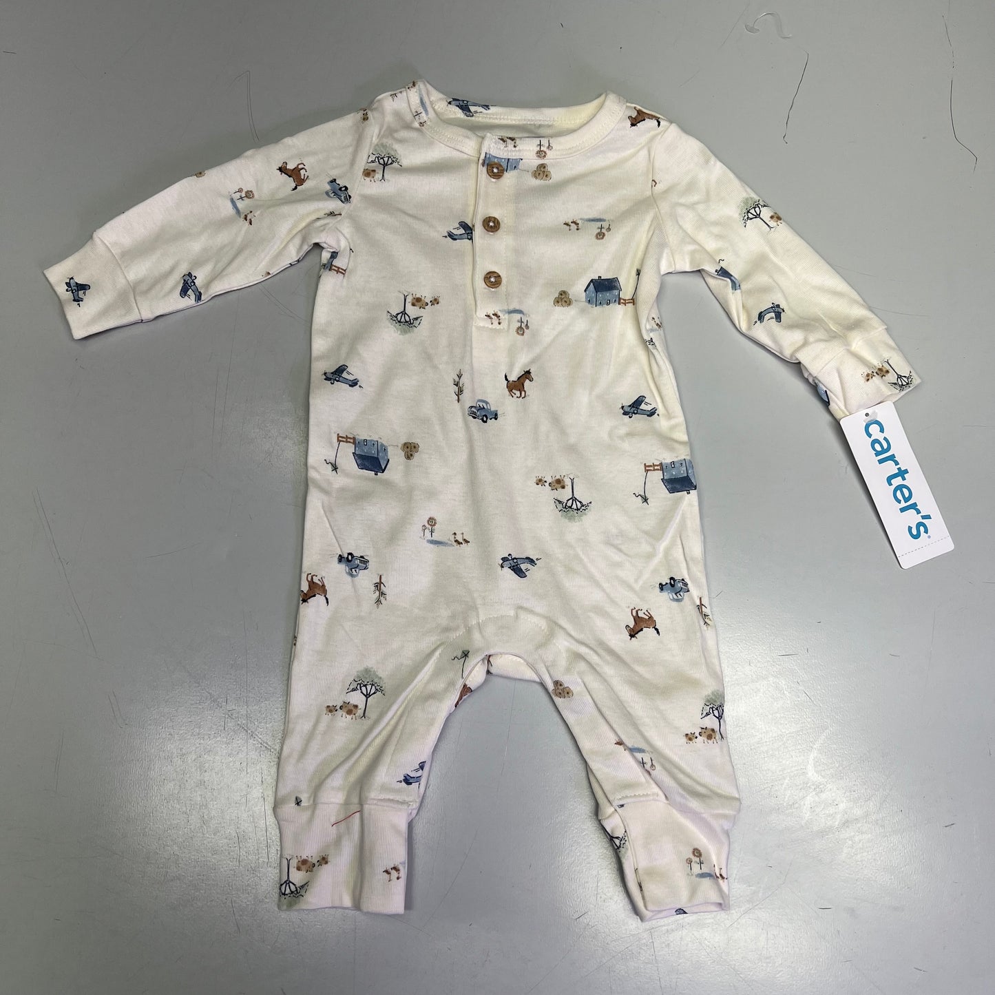 CARTERS (SET OF 2) Soft Farmhouse Pattern Onesie Baby Boy's Sz 3M Blue/White