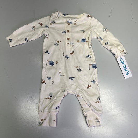 CARTERS (SET OF 2) Soft Farmhouse Pattern Onesie Baby Boy's Sz 3M Blue/White