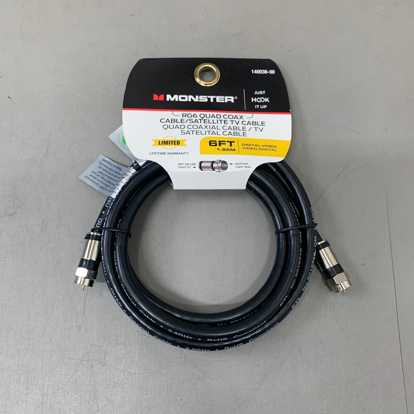 MONSTER (2Pack) RG6 Quad Coax Satellite Tv Cables 6ft, 12ft Black 140036-00,140030-00