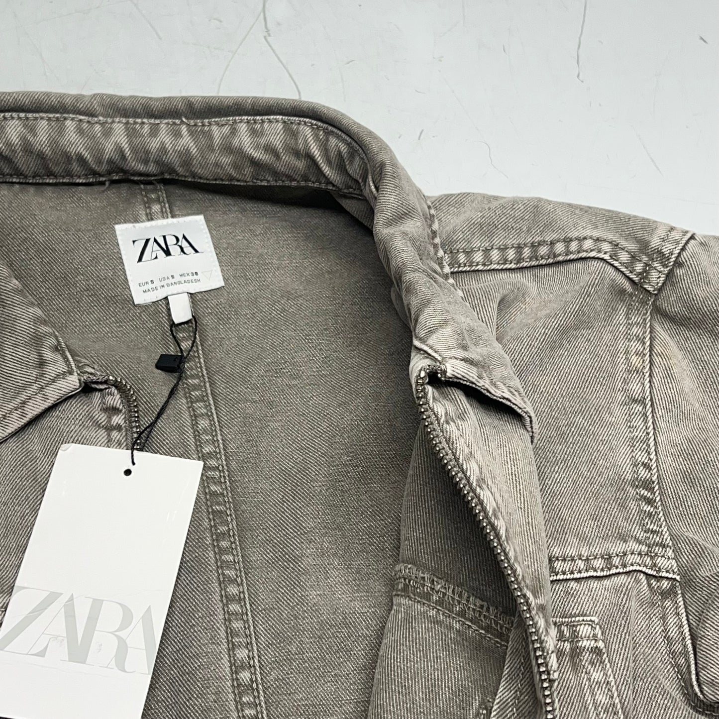 ZA@ ZARA Zip Up Denim Jacket W/ Chest Pocket Women's Sz S Stonewashed Grey