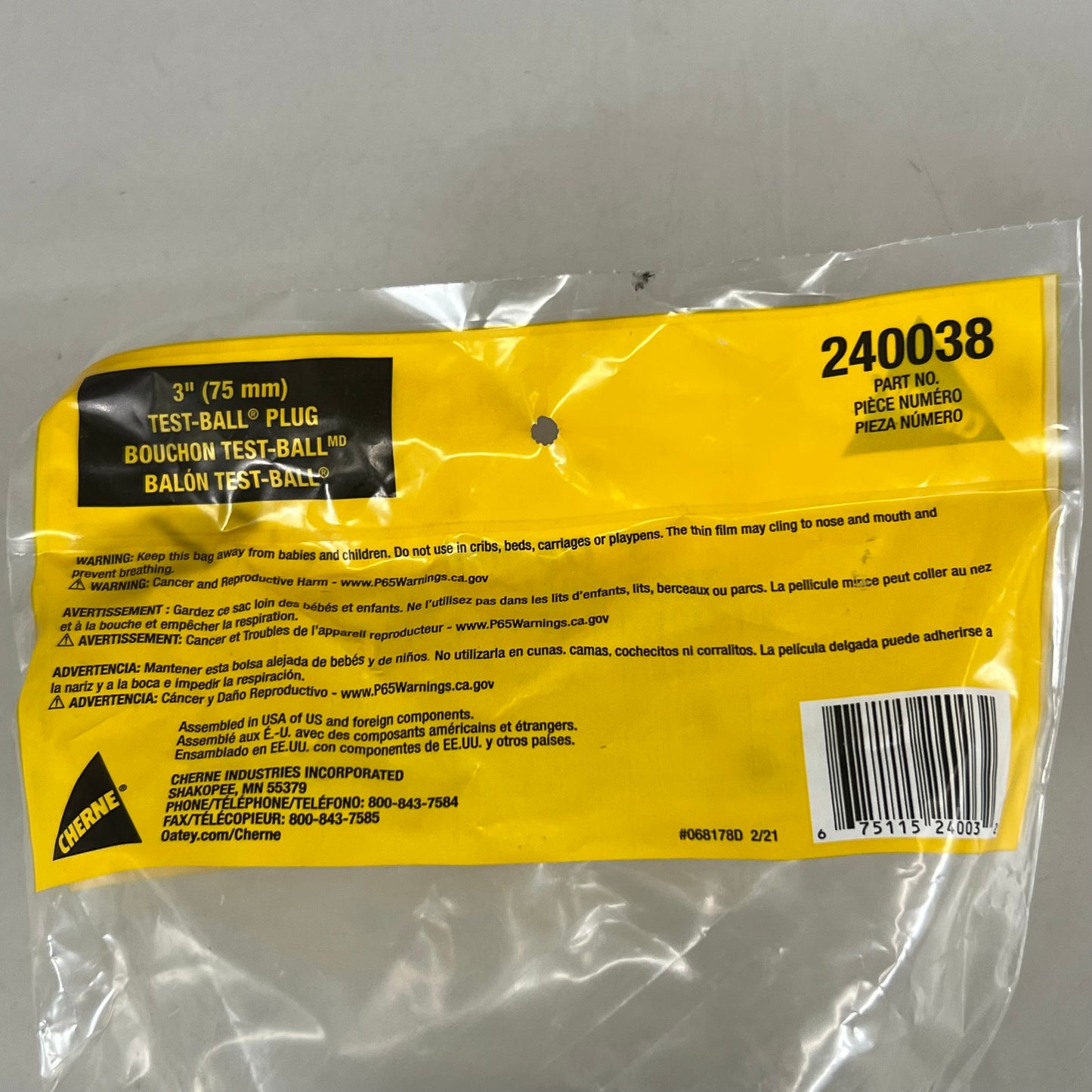 OATEY Cherne Bulk Test-Ball Plugs With Individual Display Bags 3" Black 240038