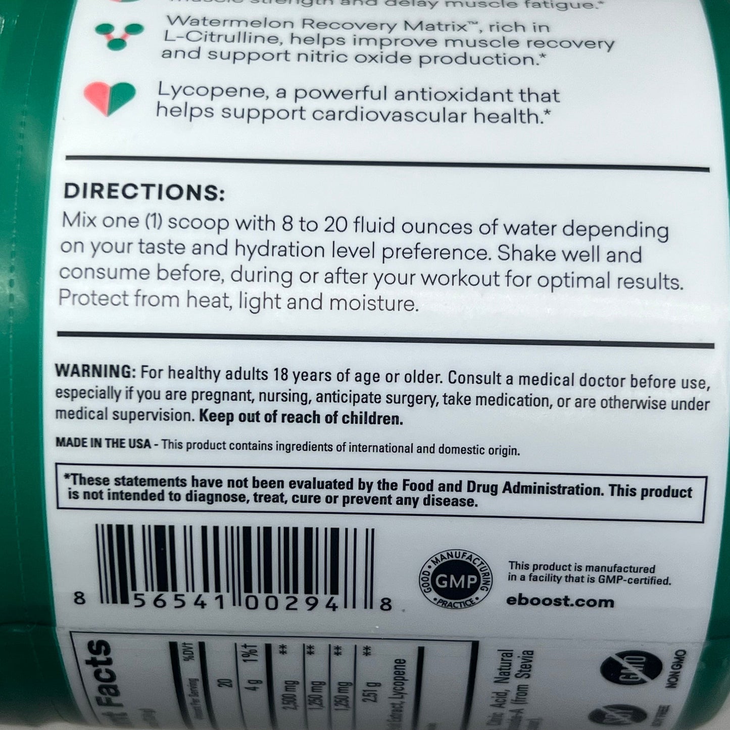 ZA@ EBOOST Gluten-Free Plant-Based Pre-Workout Watermelon Rescue 20 Serving BB 08/25 B