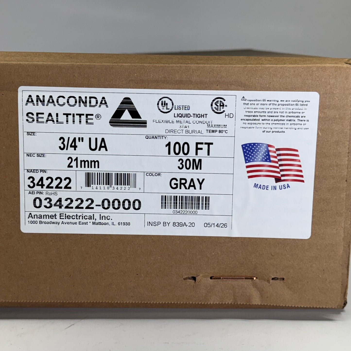 ANACONDA SEALTITE Flexible Metal Conduit 3TA1 Sz 1 3/4" X 100 ft Gray 034222-0000