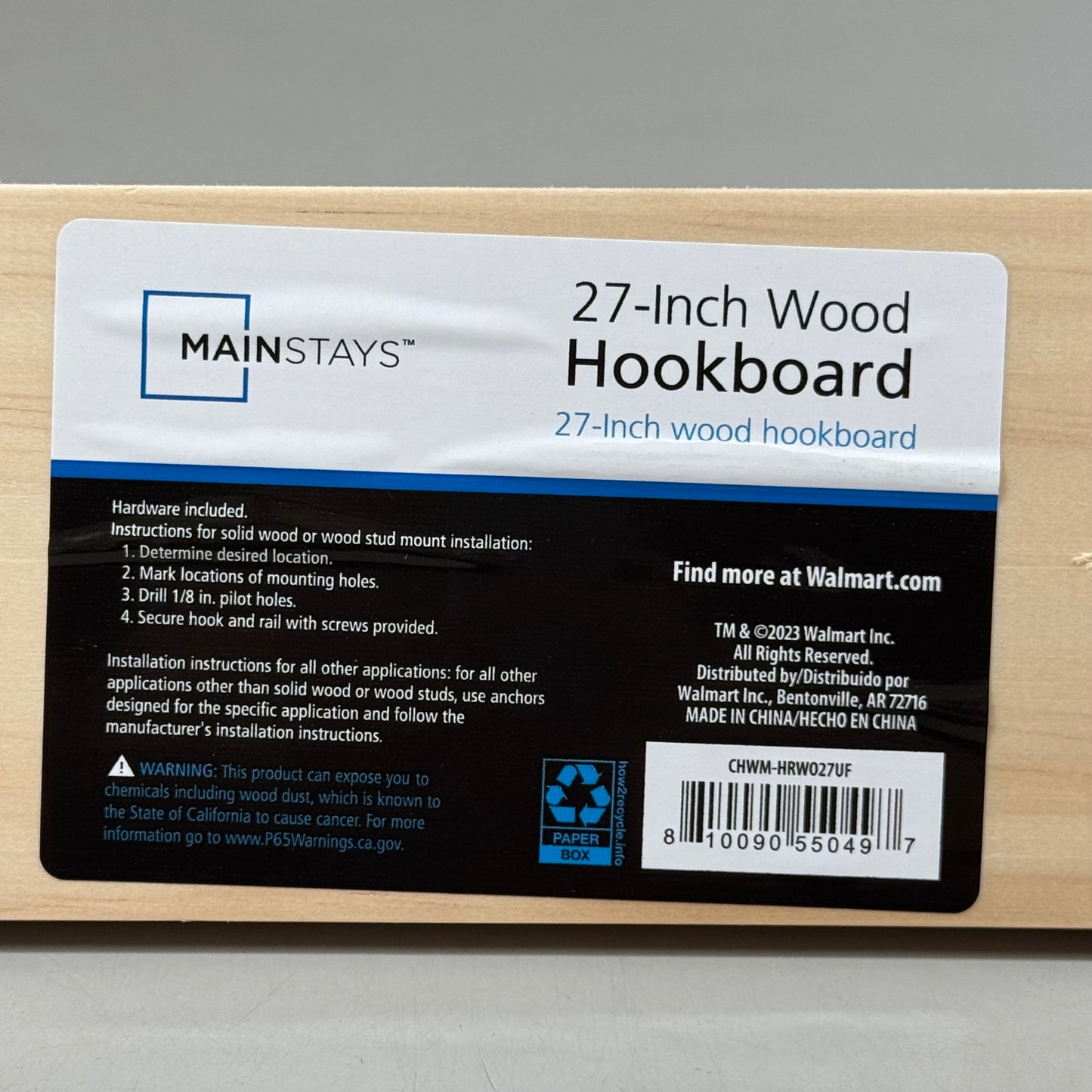 MAINSTAYS (2 PACK) Wall Mounted Hook Rack 5 Pegs 27" Unfinished Wood Finish