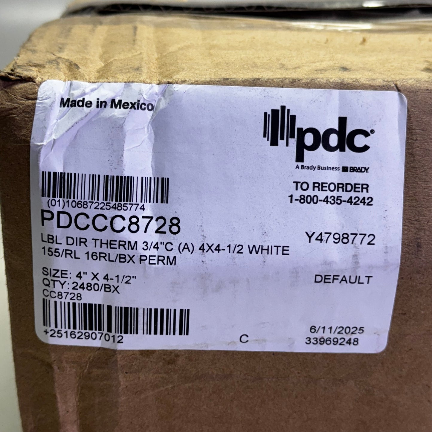 PDC (16 Rolls) Printer Labels Dir Therm 4" x 4-1/2" White PDCCC8728