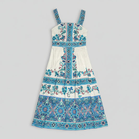 SHOSHANNA Alma Dress Flattering Midi Stretch Cotton Women's Sz 0 Sky Blue Multi