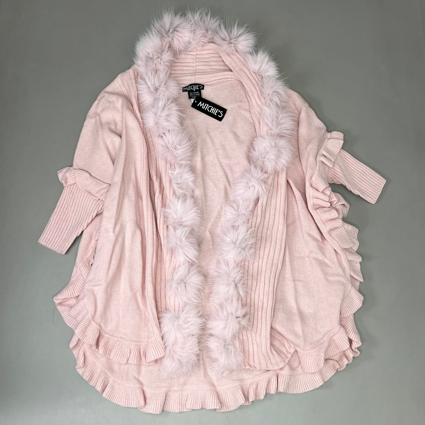 MITCHIES Long Sleeve Knitted Wrap Fox fur Ruffle Wmns SZ S Pink New Other WRIM84