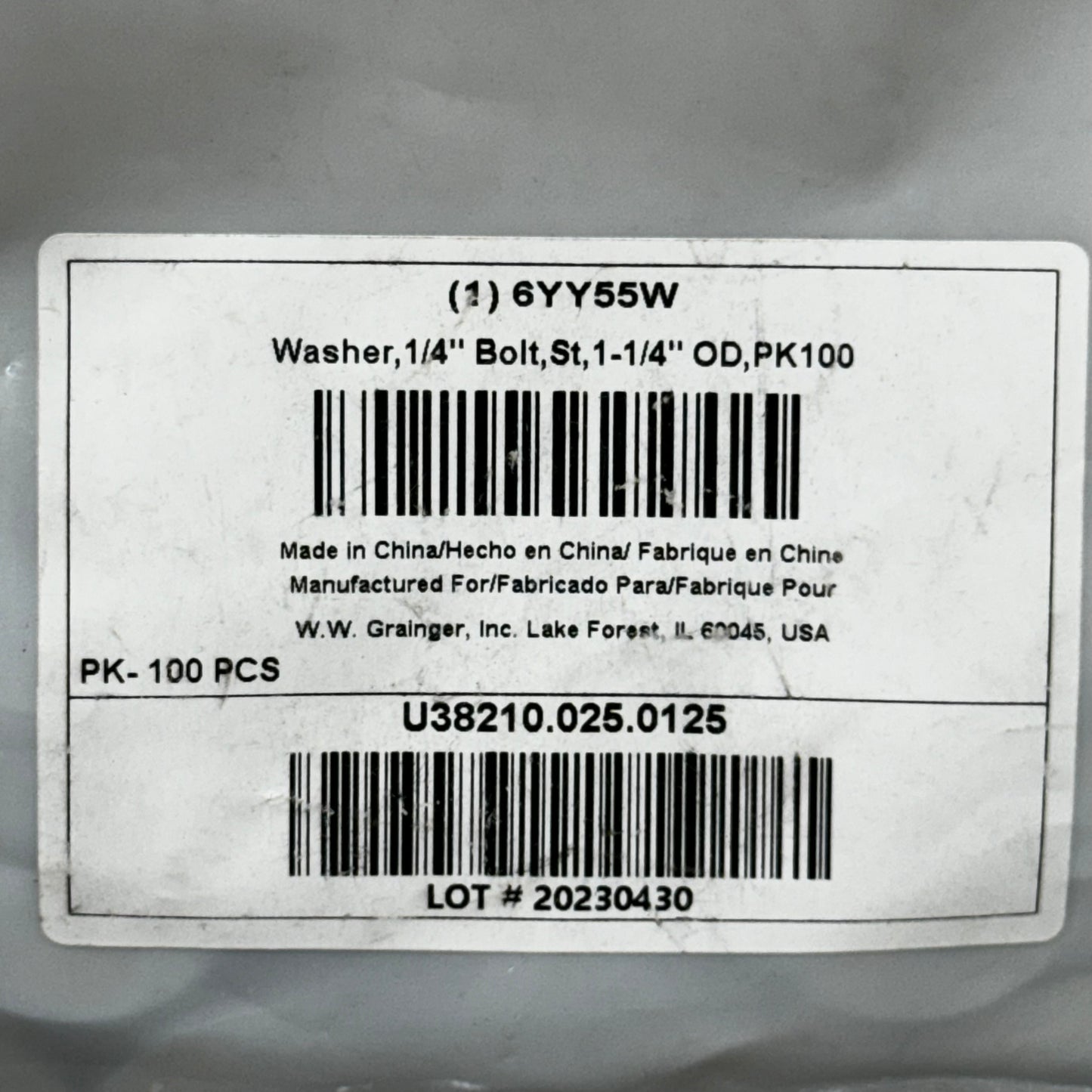 GRAINER (7 PACK) Fender Washer 1/4" Screw Steel Zinc Plated 0.281Dia 700pk 6YY55