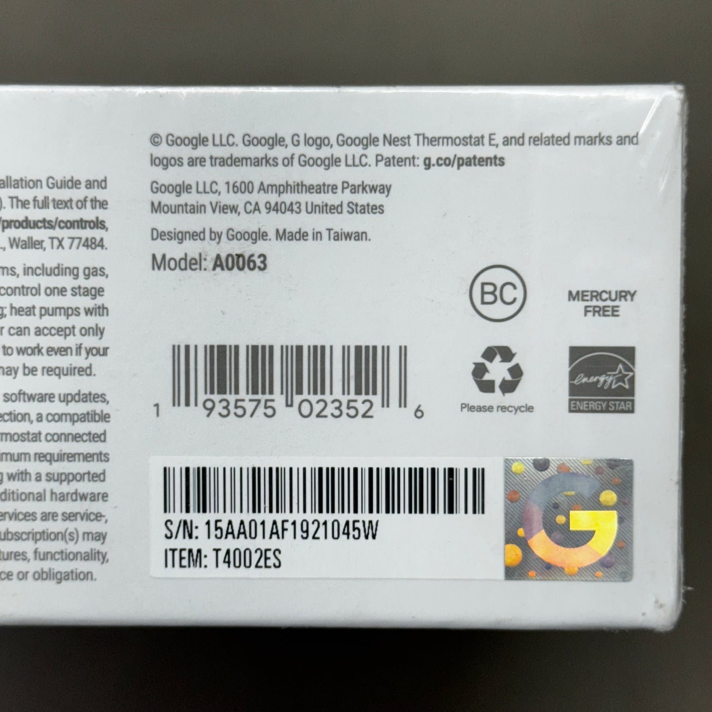 GOOGLE Nest E Programmable Smart Thermostat 2.28"x6.38"x4.8" White T4002ES