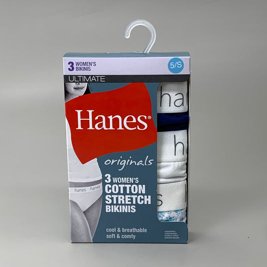 HANES 3 PACK!! Originals Women's Breathable Cotton Bikinis Underwear Sz 5/S Navy/White/Floral 45UOBK