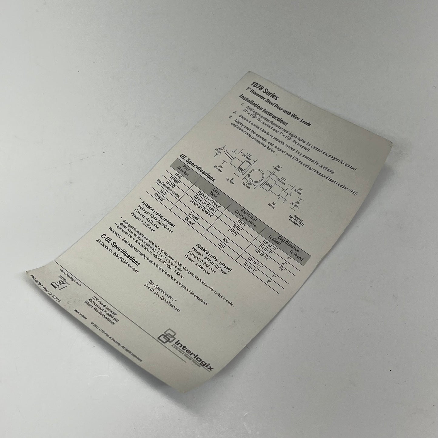 INTERLOGIX Recessed Steel Door Magnetic Contacts 1078 Series White 1078W-N