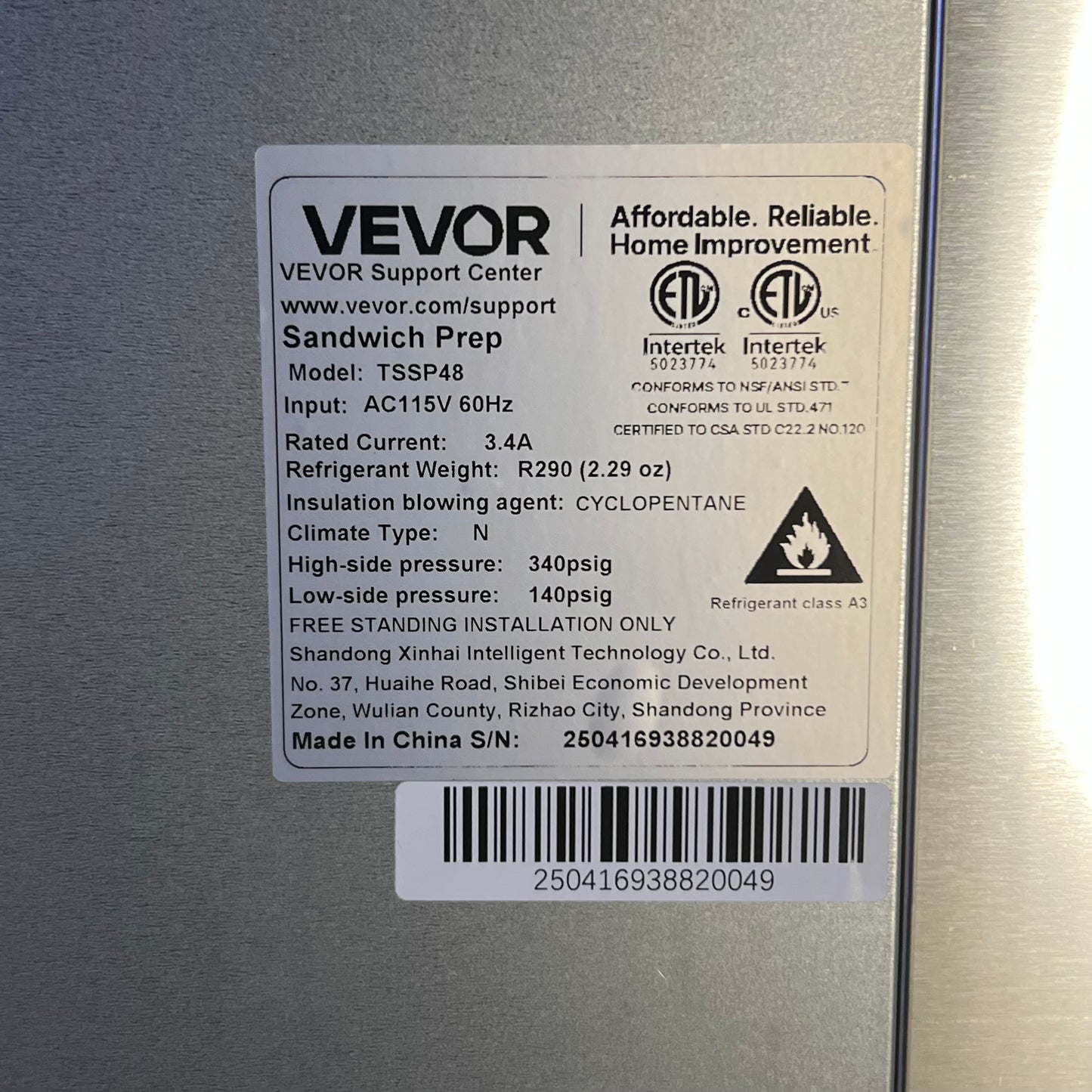 ZA@ VEVOR Commercial Refrigerator, Sandwich Prep Refrigerated Table 48.5"W x 30.5"L x 40.5"H, TSSP48 (New Other, Minor Cosmetic Damage)