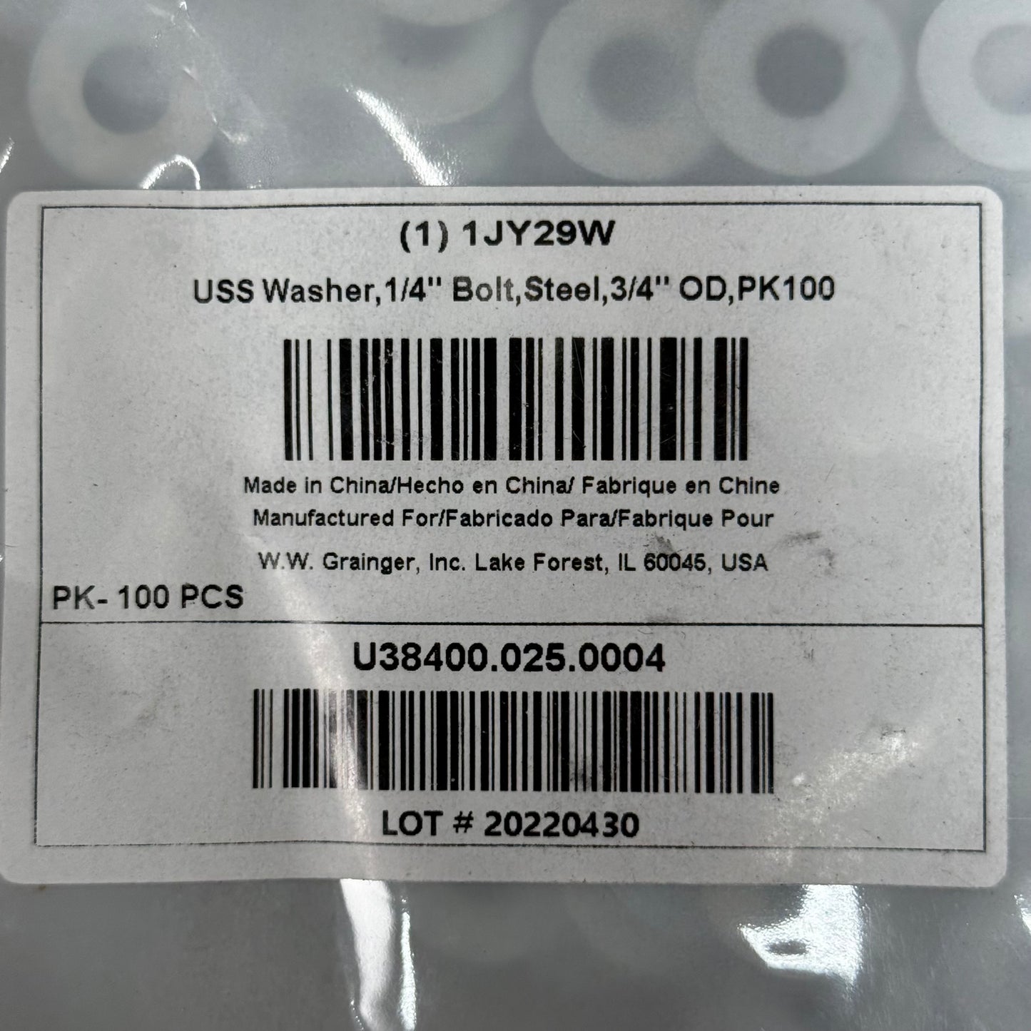 GRAINER Steel Zinc Plated USS Washers for 1/4" Screw & 3/4" OD 600pk 1JY29