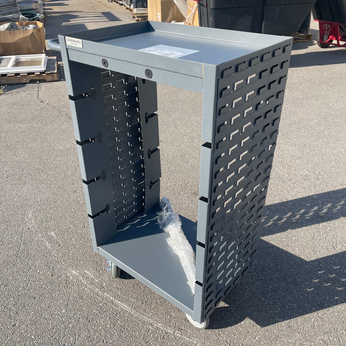 DURHAM 8-Rod Mobile Wire Spool Rack Cart with 2 Sides of Louvered Panels 32"x18"x46.5" Grey MWSR8-LP-95