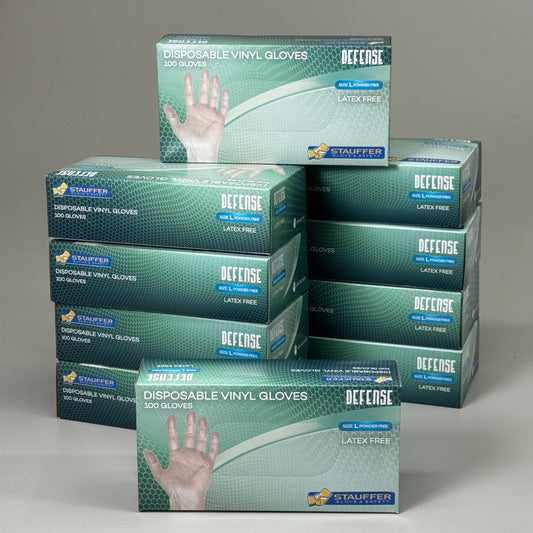 STAUFFER (10 PACK, 1,000 Total) Gloves & Safety Powder-Free Clear Vinyl Sz L R400I