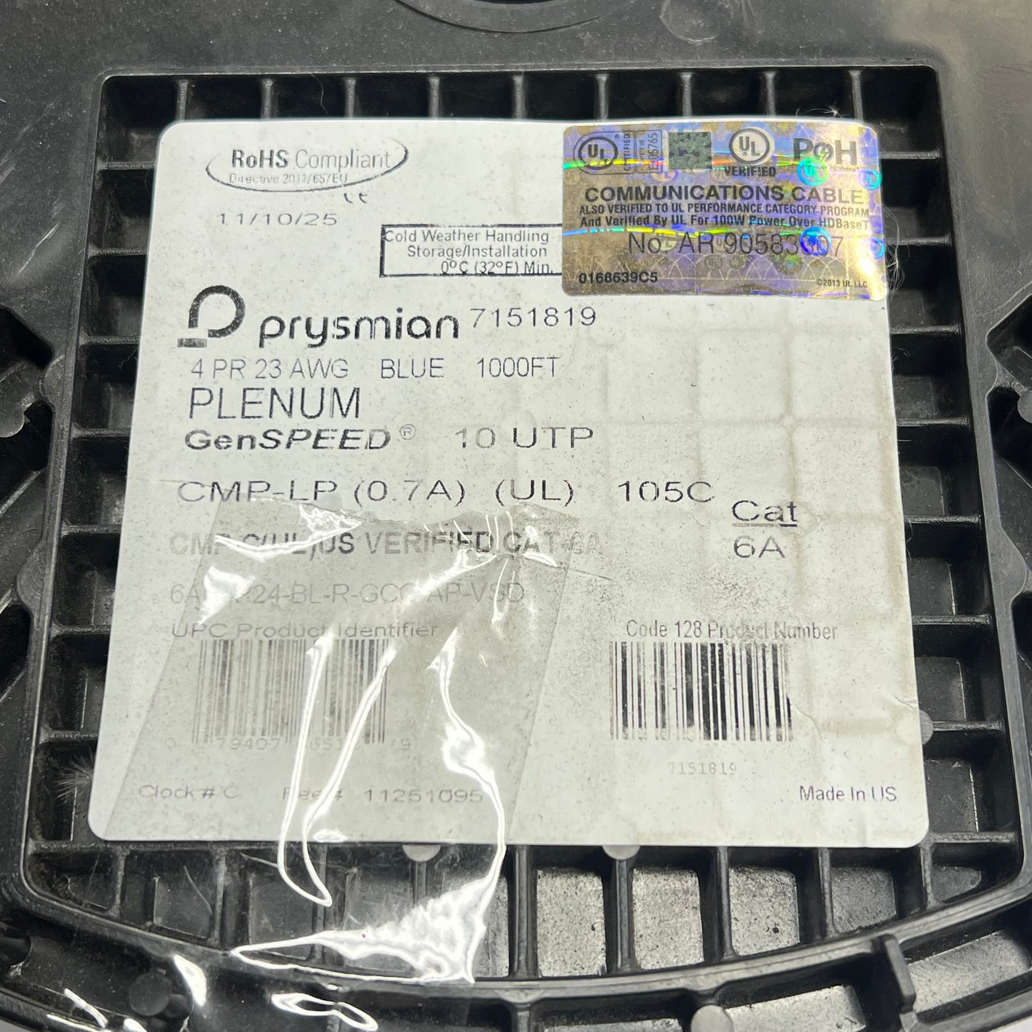 PRYSMIAN Genspeed Unshielded Solid Bc Cable CAT6A 23/4 1000'  Blue 7151819