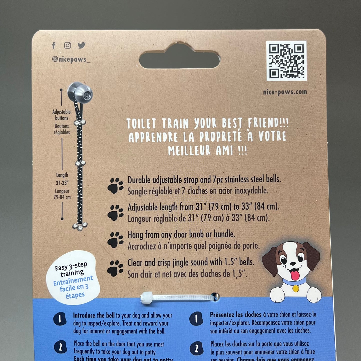 NICE PAWS (2 PACK) Potty Time Bells Easy 3-Step Training Adjustable Length 31"/33" Blue 20735