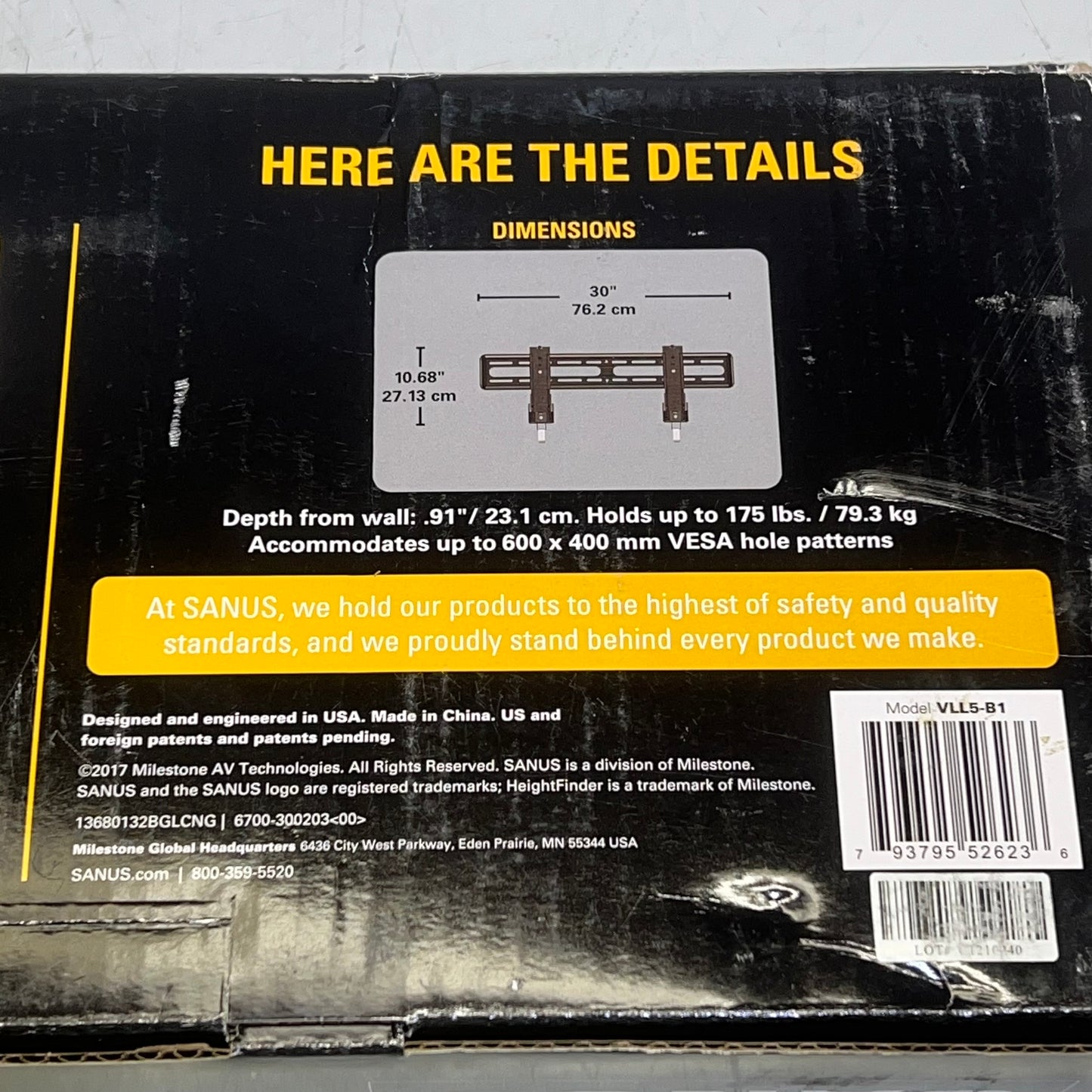 SANUS Premium Wall Flat TV Mount 42" - 90" 175lbs Load Capacity Black VLL5B1