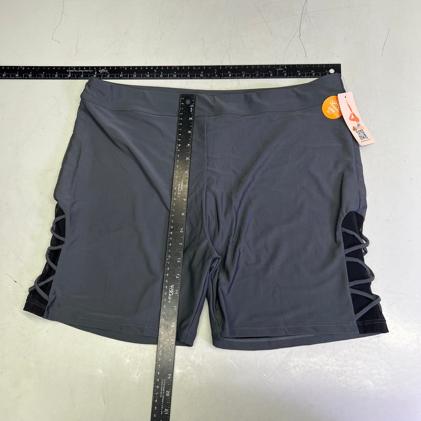 ATTRACO High Waist Swim Shorts Criss Cross Mesh Leg Women's Sz 2XL Grey/Black