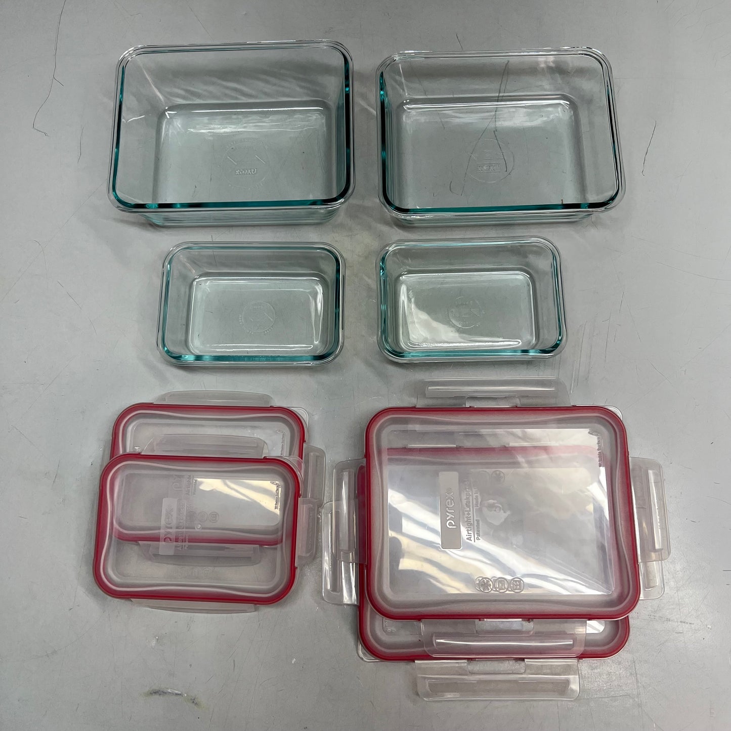 ZA@ PYREX (8 PIECE SET) FreshLock Rectangular Glass Storage Set 2, 6, & 8 Cups Containers  Clear/Red 1149251 A