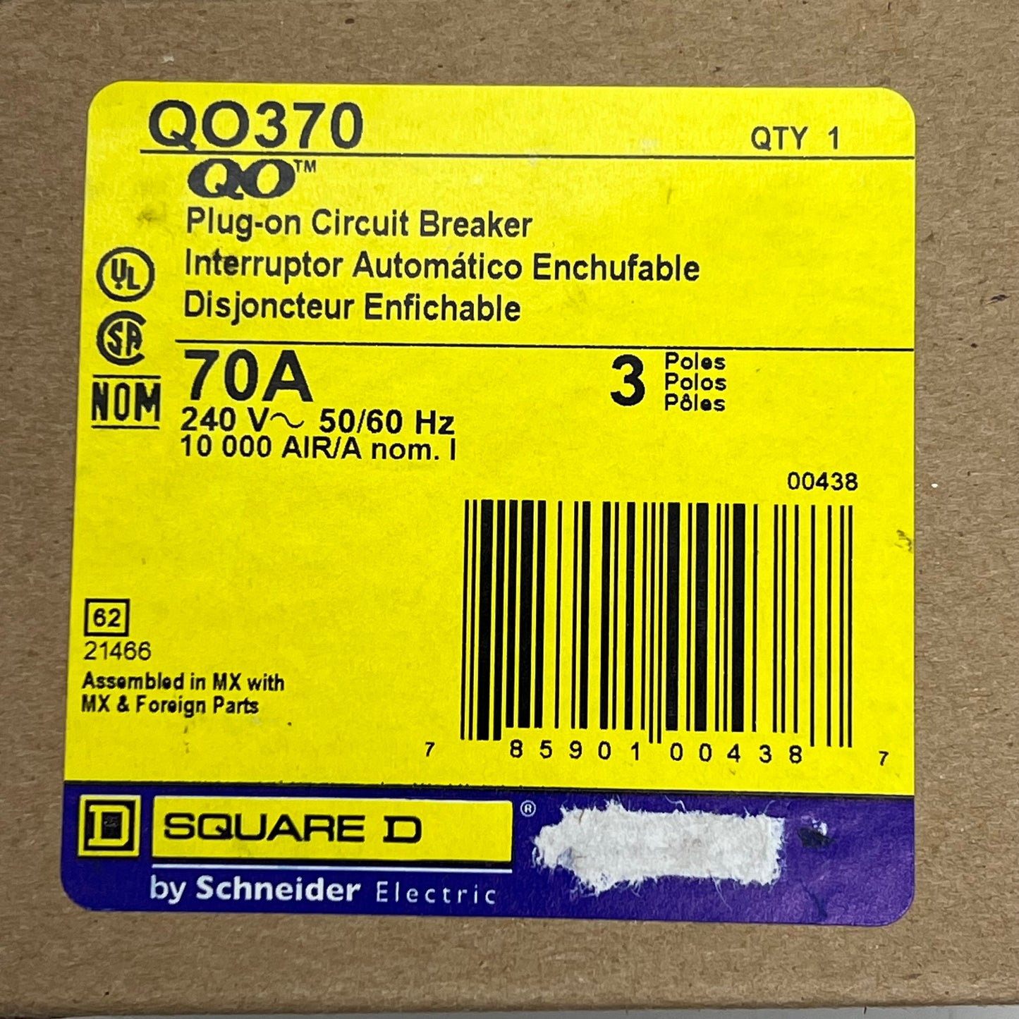 SQUARE D 70 AMP Circuit Breaker Plug-In 240 Volt 50/60 Hz 3 Pole QO370