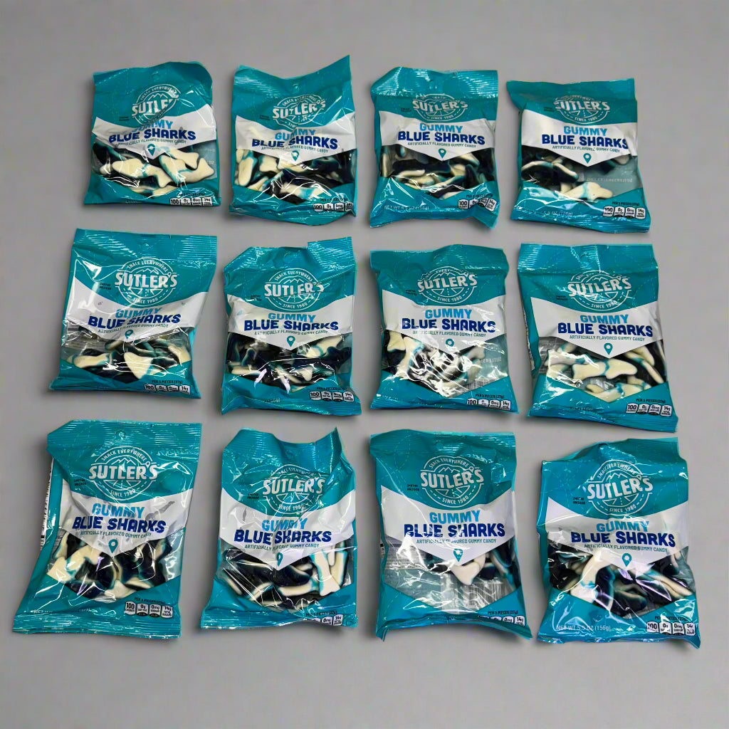 ZA@ Pallet of SUTLER'S Gummy Sharks 5.5 Oz Blue BB 06/25 (AS-IS)