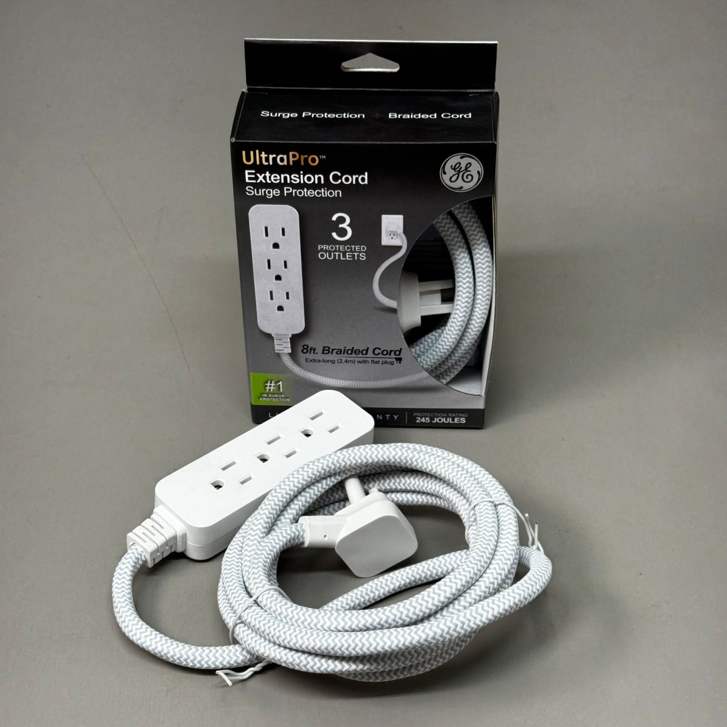 GENERAL ELECTRIC (3 PACK) Braided Extension Cord SurgeProtection 8ft 3Plugs 8028