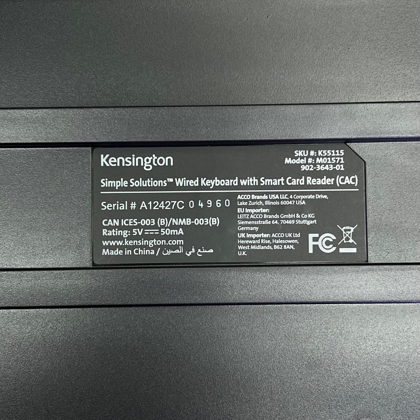 KENSINGTON Simple Solutions Wired Keyboard w/ Smart Card Reader Black K55115US